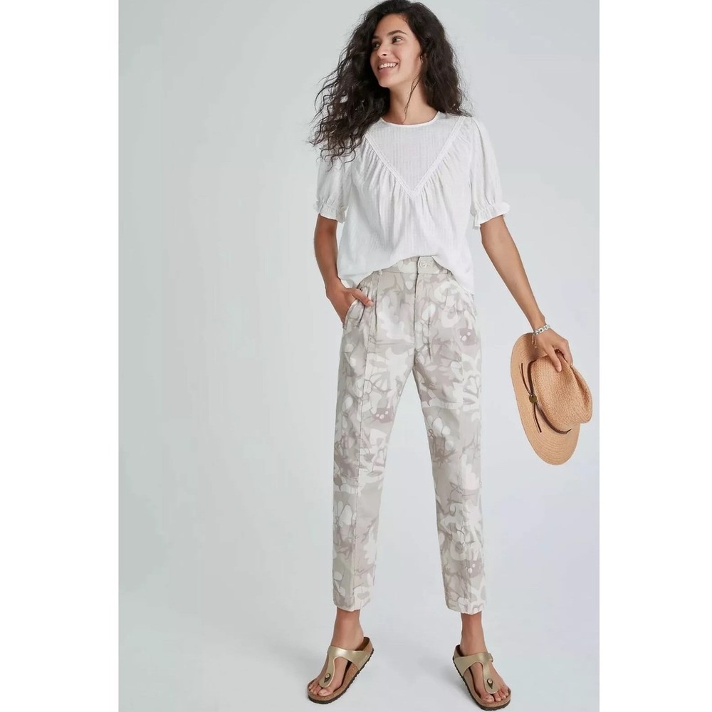 Anthropologie Floral Utility Tapered‎ Pants High Rise Tan Cream Womens 31